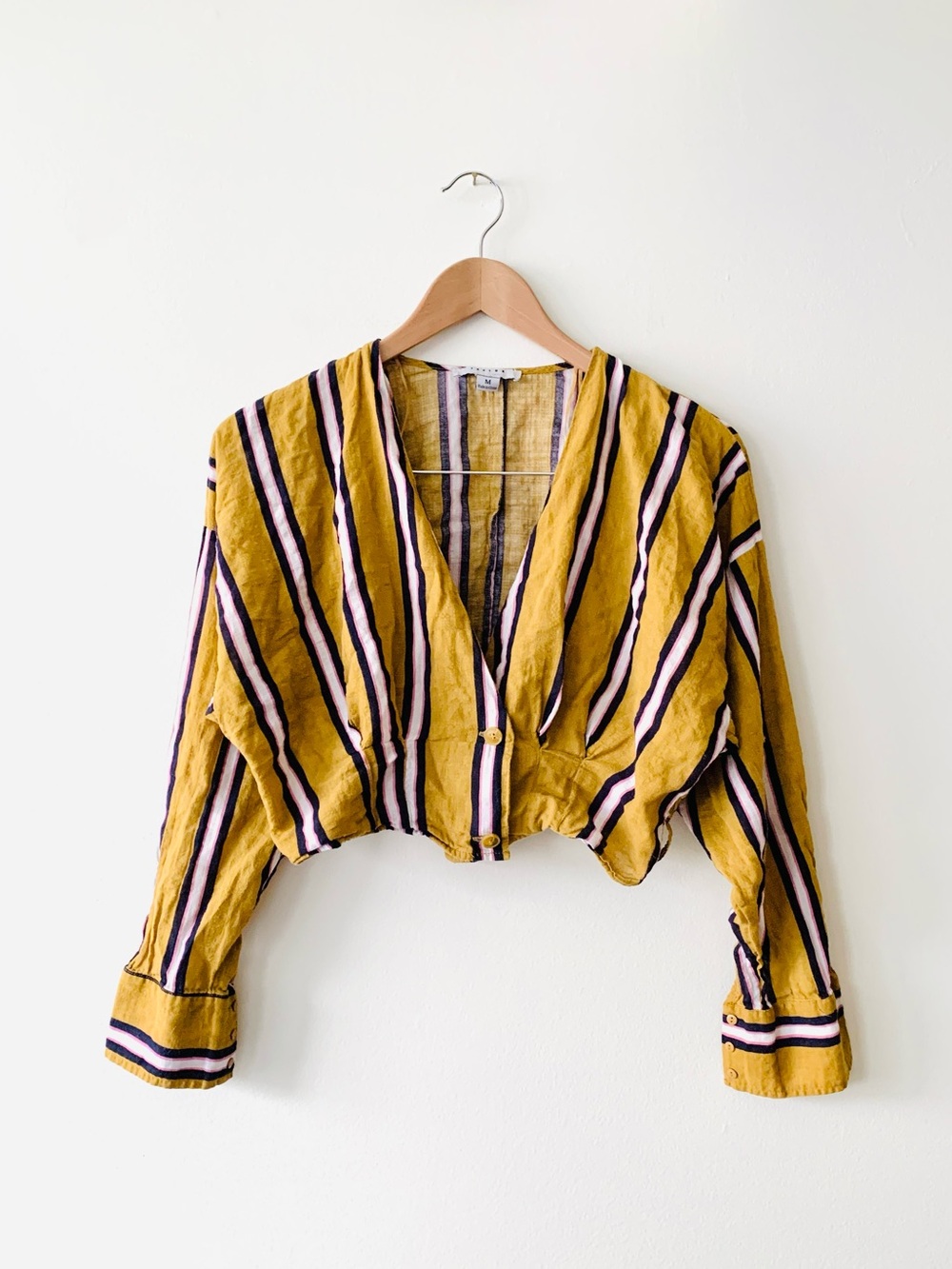 NEW FAVLUX Mustard Striped Cropped Button-Front Shirt